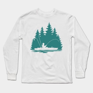 Kayak Fisherman Rural Forest Scene with Aqua Background Long Sleeve T-Shirt